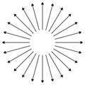 Radial, radiating arrows for expand, extend, explosion themes. Diverge, alignment concept circular pointers illustration. Spoke-