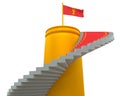 Staircase rising up around tower, above fixed red flag with golden cup. On stairs red carpet. 3D illustration, isolated.