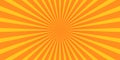 Radial yellow and orange stripes horizontal background. Sunburst, starburst, sunshine, sunrise pattern. Surprise, speed