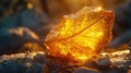A radiant Amber stone, sunlight passing through to reveal a delicate prehistoric leaf trapped for millennia, the warm