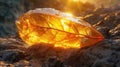 A radiant Amber stone, sunlight passing through to reveal a delicate prehistoric leaf trapped for millennia, the warm