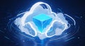Radiant blue cube emerging from stylized digital clouds and data streams Royalty Free Stock Photo