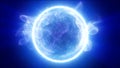 Radiant blue particle sphere surrounded by sparkling clouds and intense glowing light forming a bright cosmic core Royalty Free Stock Photo