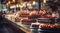 Radiant bokeh background with gourmet desserts and specialty coffee drinks in elegant patisserie