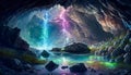 Radiant Crystal Cave, A Vibrant and Mystical Grotto with a Lake and Cascading Waterfalls, Generative AI