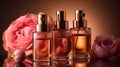 Radiant Elegance: Luxury Skincare in Amber Glass Bottles Set Against a Dusty Pink Rose Background. Generative AI Royalty Free Stock Photo