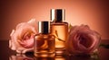 Radiant Elegance: Luxury Skincare in Amber Glass Bottles Set Against a Dusty Pink Rose Background. Generative AI Royalty Free Stock Photo