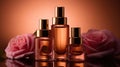 Radiant Elegance, Luxury Skincare in Amber Glass Bottles Set Against a Dusty Pink Rose Background. Generative AI Royalty Free Stock Photo