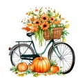 Radiant Essence of Fall: Pumpkin Fall Bike Watercolor Isolated on White Background - Generative AI