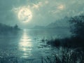 Radiant Full Moon Casting Silver Light on a Tranquil Lake The moonlight blurs with the water