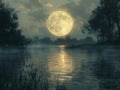 Radiant Full Moon Casting Silver Light on a Tranquil Lake The moonlight blurs with the water