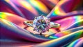 A radiant gemstone ring rests on iridescent silk fabric. Generative AI Royalty Free Stock Photo
