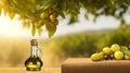Radiant Golden Olive Oil Bottles Amidst Lush Olive Grove.