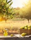 Radiant Golden Olive Oil Bottles Amidst Lush Olive Grove.