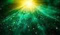 Radiant green light beams radiating from a single luminous point with particles, depicting energy, vitality, or a mystical