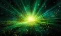 Radiant green light beams radiating from a single luminous point with particles, depicting energy, vitality, or a mystical