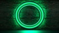 Radiant green neon circle on brick wall