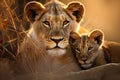 Radiant Lioness her cubs sunset. Generate Ai Royalty Free Stock Photo