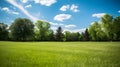 Radiant Manicured Lawn Amidst Lush Trees on Sunny Day, Tranquil Spring Ambiance. Generative Ai