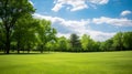 Radiant Manicured Lawn Amidst Lush Trees on Sunny Day, Tranquil Spring Ambiance. Generative Ai