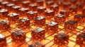 Radiant Mesh: Small Metallic Dark Orange Cubes in a Fiber Optic Network