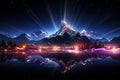 Radiant Mountain Peaks Casting Luminous Reflections on a Night Lake. AI generation