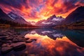 Radiant Mountains art sunset lake. Generate Ai