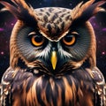 A radiant, nebula-born owl with eyes that see into parallel dimensions, perched on a cosmic branch4