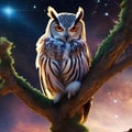 A radiant, nebula-born owl with eyes that see into parallel dimensions, perched on a cosmic branch1