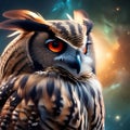 A radiant, nebula-born owl with eyes that see into parallel dimensions, perched on a cosmic branch5