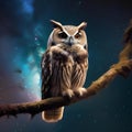 A radiant, nebula-born owl with eyes that see into parallel dimensions, perched on a cosmic branch2