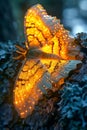 Radiant Orange Butterfly Alight on a Tree at Twilight, Nature\'s Luminous Beauty Captured with Intricate Wing Patterns