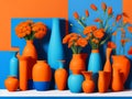 Radiant orange flowers gracefully arranged in a vase cast a vibrant contrast against the serene blue background. Royalty Free Stock Photo
