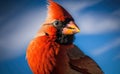 Portrait of male red Northern cardinal in a blurred blue sky background generative AI