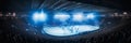 Radiant professional hockey rink gleams in dark, empty arena under vibrant spotlights