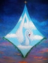 Radiant queen of the swans up in the skies in white clouds, beautiful detailed oil painting on canvas.
