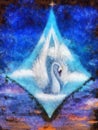 Radiant queen of the swans up in the skies in white clouds, beautiful detailed oil painting on canvas original painting