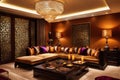 Radiant Ramadan Elegance: Living Room Enveloped in Amber Lights and Islamic Art