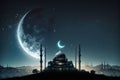 Radiant Ramadan: Islamic Mosque with Shining Moon in Night Sky