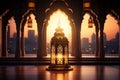 Radiant Ramadan Kareem greetings with Lantern, mosque, and window