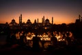 Radiant Ramadan. Serene Mosque Silhouette Illuminated by Glowing Crescent Moon in Star-Studded Sky