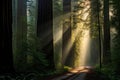 Radiant Redwood forest sunrays. Generate Ai Royalty Free Stock Photo