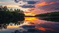 Radiant Ripples: Tranquil Sunset Symphony by the Lake