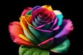 Radiant Rose: A Colorful Rainbow Heart Amidst Elegant Leaves, Against a Black Canvas