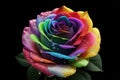 Radiant Rose: A Colorful Rainbow Heart Amidst Elegant Leaves, Against a Black Canvas