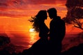 Radiant Silhouette of couple at the orange sea sunset sky. Generate ai