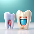 Radiant Smile Transformation: Teeth Whitening - Tooth with Tartar and After Ray Whitening on a Blue Background (3D Render