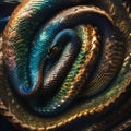 A radiant, star-born serpent with scales that shimmer like distant galaxies, coiled around a cosmic treasure5