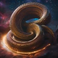 A radiant, star-born serpent with scales that shimmer like distant galaxies, coiled around a cosmic treasure1