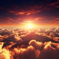 Radiant sunrise over clouds, infusing the sky with golden warmth